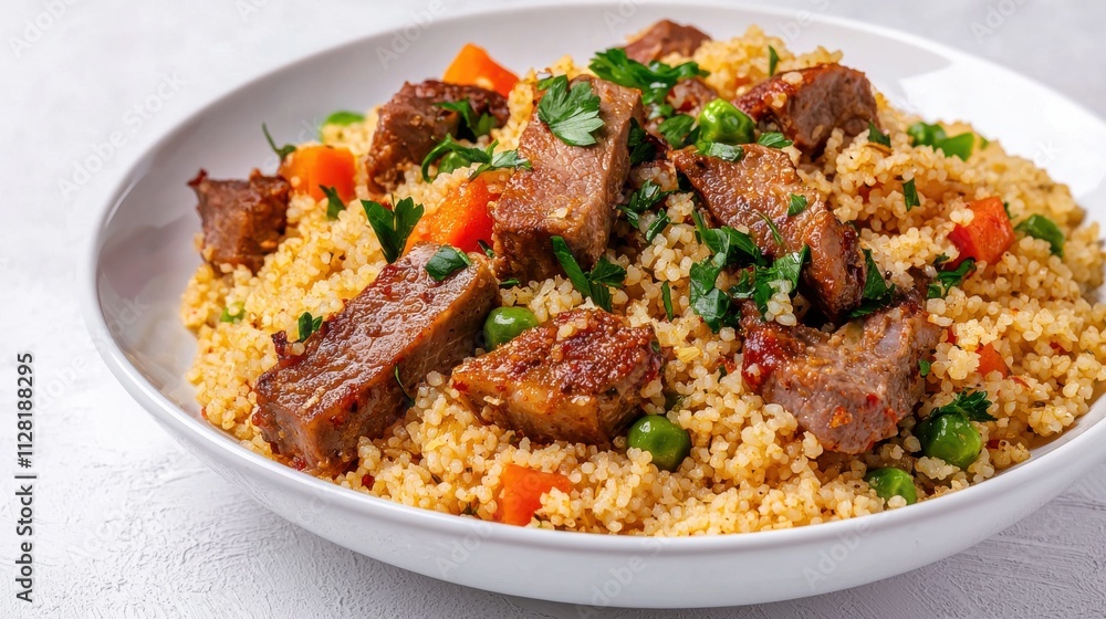 Delicious Moroccan Style Couscous Dish with Vegetables and Meat on a White Plate Delicious Moroccan Style Couscous Dish with Vegetables and Meat on a White Plate