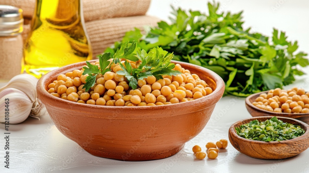 Healthy Chickpea and Herb Salad in a Clay Bowl with Olive Oil Healthy Chickpea and Herb Salad in a Clay Bowl with Olive Oil