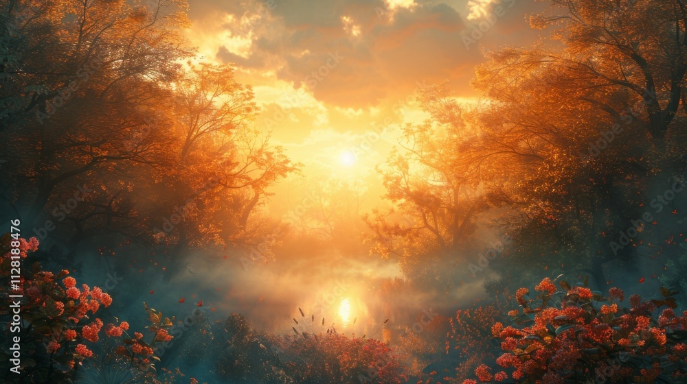 A forest with a river and a sun in the sky A forest with a river and a sun in the sky