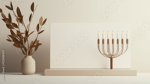 Traditional Hanukkah Menorah with Lit Candles on Minimal White Background