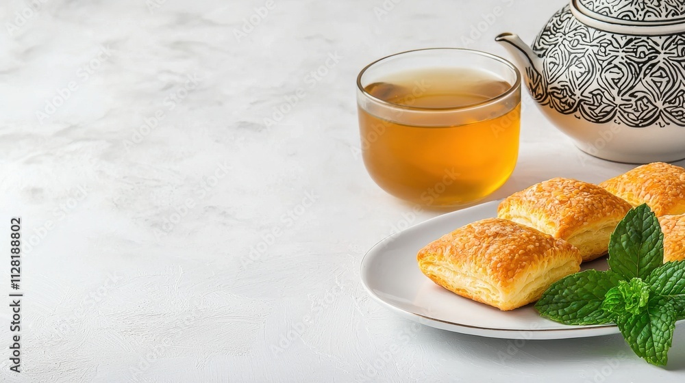 Refreshing Morning Tea Break with Croissant and Mint Leaves Refreshing Morning Tea Break with Croissant and Mint Leaves