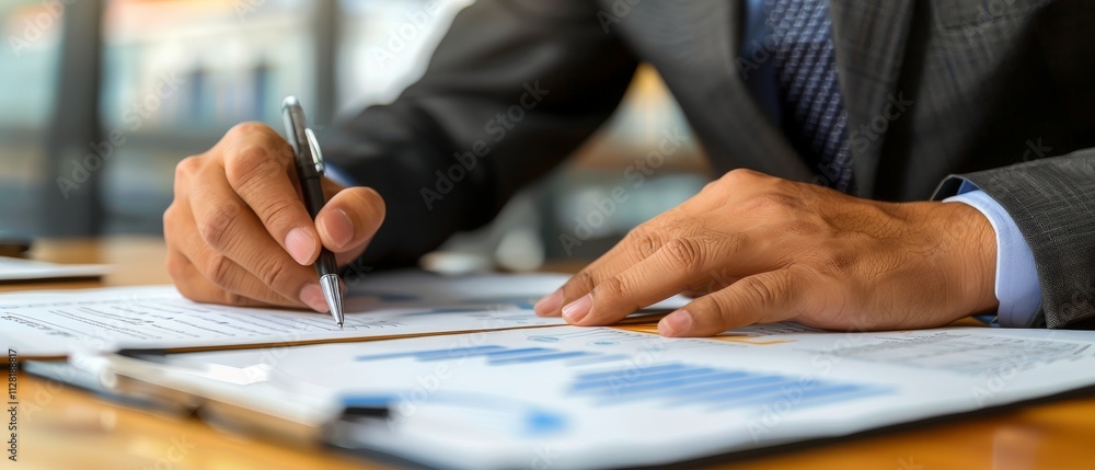 A person in a suit is reviewing and writing on documents with graphs and charts in a professional office setting. A person in a suit is reviewing and writing on documents with graphs and charts in a professional office setting.