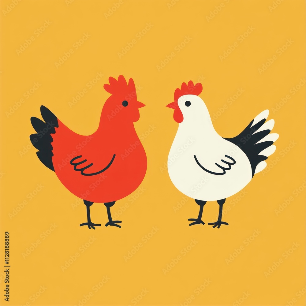 Two hens facing each other, red and white. Two hens facing each other, red and white.