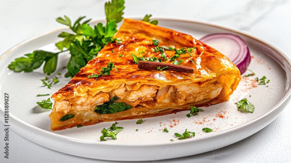 Freshly Baked Spinach and Tomato Quiche Pie Served on a Plate with Herbs Freshly Baked Spinach and Tomato Quiche Pie Served on a Plate with Herbs