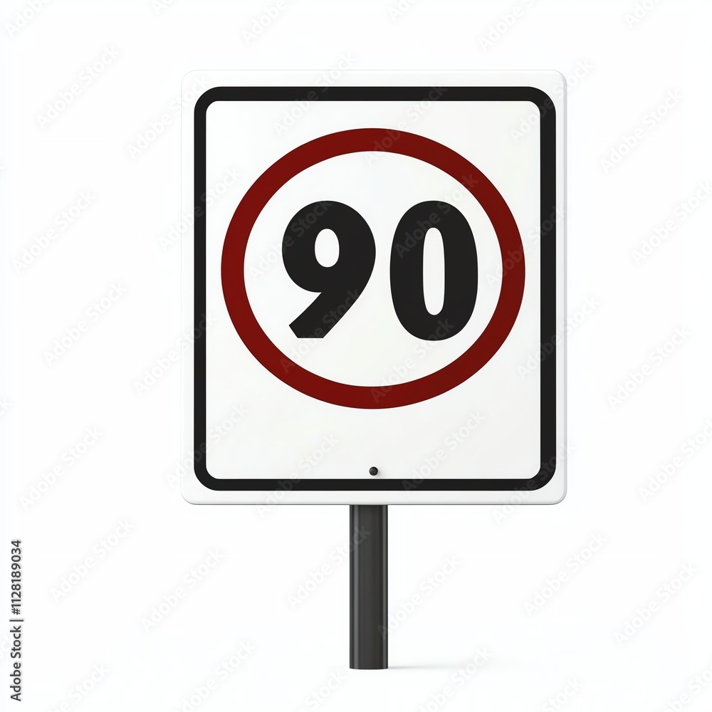 A circular speed limit sign displaying the number 90, indicating the maximum allowed speed in kilometers per hour. A circular speed limit sign displaying the number 90, indicating the maximum allowed speed in kilometers per hour.