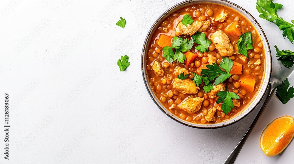 Homemade Hearty Chicken Chili or Stew in a Bowl with Fresh Herbs as Garnish on a Rustic Table Homemade Hearty Chicken Chili or Stew in a Bowl with Fresh Herbs as Garnish on a Rustic Table