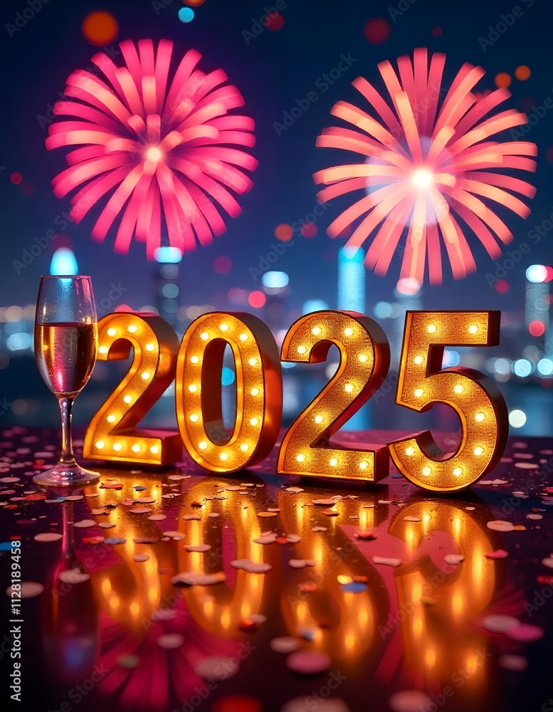Festive New Year 2025 celebration scene with illuminated '2025' numbers, a glass of champagne, colorful confetti, and vibrant fireworks lighting up the night sky in the background. Festive New Year 2025 celebration scene with illuminated '2025' numbers, a glass of champagne, colorful confetti, and vibrant fireworks lighting up the night sky in the background.