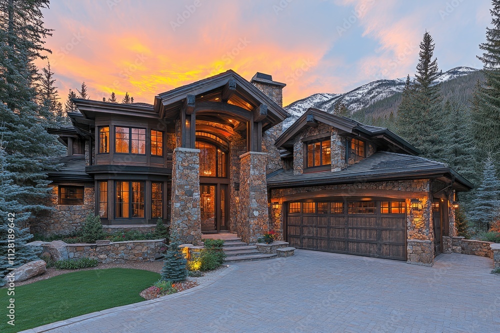 Fototapeta premium Rustic stone and wood mountain home at sunset, illuminated windows. Perfect for real estate, luxury home, or architectural design websites.