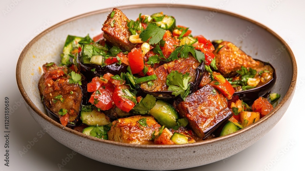 Flavorful Eggplant and Vegetable Stew in Rustic Bowl on White Background Flavorful Eggplant and Vegetable Stew in Rustic Bowl on White Background