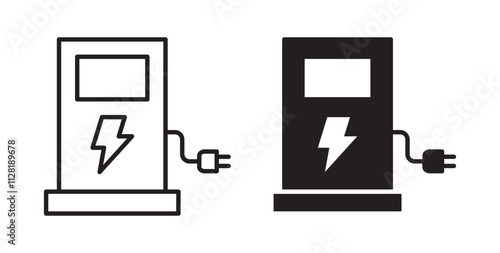 Charging station icons in flat and line style set.