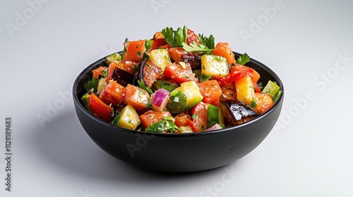 Colorful and Flavorful Vegetable Medley in a Rustic Black Bowl on a Plain Background