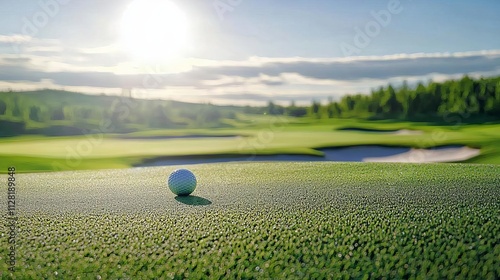 A golf ball resting on a lush green course, illuminated by the bright sun and surrounded by scenic landscapes. photo