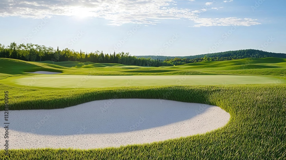 A scenic view of a golf course with manicured greens and a sand trap under a bright sky, ideal for golf enthusiasts and nature lovers. A scenic view of a golf course with manicured greens and a sand trap under a bright sky, ideal for golf enthusiasts and nature lovers.