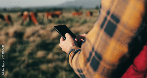 Man, hands and farmer with phone in nature, agriculture and chat to client for organic beef deal. Male person, outdoor typing and online for production tips on sustainability, cattle and plan export photo