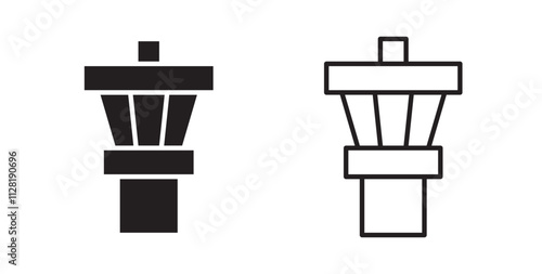 Flight control tower icons in flat and line style set.