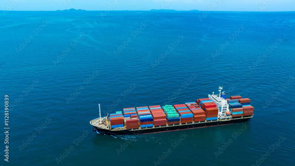 Fototapeta premium Aerial view of the freight shipping transport system cargo ship container. international transportation Export-import business, logistics, transportation industry concepts 