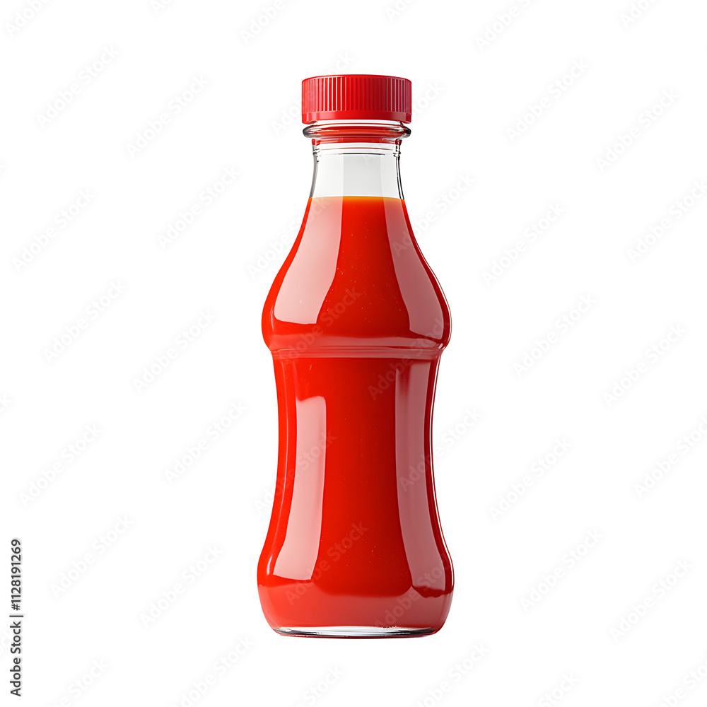 Glass bottle of bright red tomato ketchup on transparent background Glass bottle of bright red tomato ketchup on transparent background
