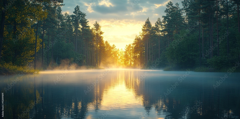 Golden Hour Serenity: Misty Lake in a Pine Forest Golden Hour Serenity: Misty Lake in a Pine Forest