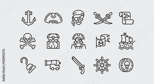 Pirate icons. Set of 15 pirate trendy minimal icons. Example: Anchor, Skull, Parrot, Ship Wheel, Flintlock icon. Design signs for web page, mobile app, packaging design. Vector illustration.