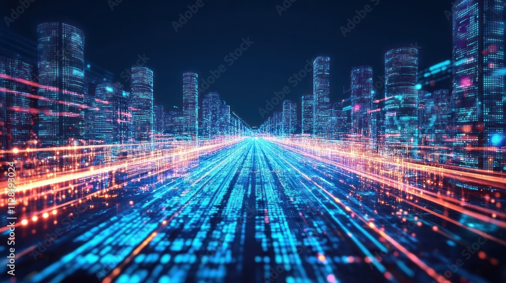 Obraz premium Holographic city illuminated by neon data streams, high-tech transportation networks, advanced digital screens projecting virtual data, ultra-modern cityscape 