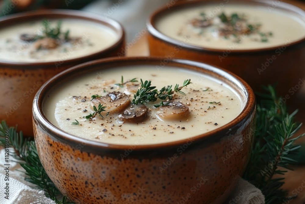 Creamy mushroom soup in rustic bowl, garnished with thyme. Perfect for fall menus, blogs, or restaurant websites. Creamy mushroom soup in rustic bowl, garnished with thyme. Perfect for fall menus, blogs, or restaurant websites.