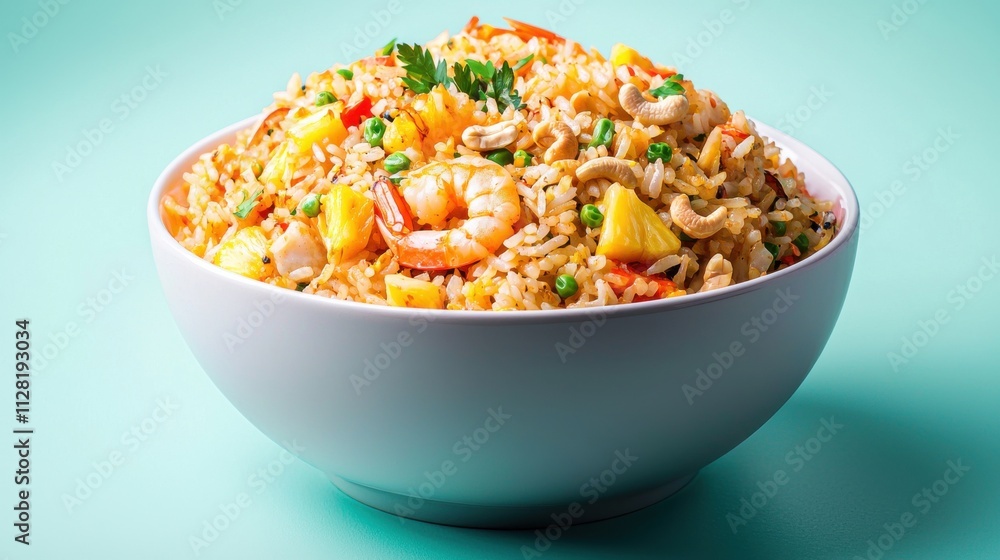 Colorful and Aromatic Stir Fried Rice Dish Served in a Bowl on Green Background Colorful and Aromatic Stir Fried Rice Dish Served in a Bowl on Green Background