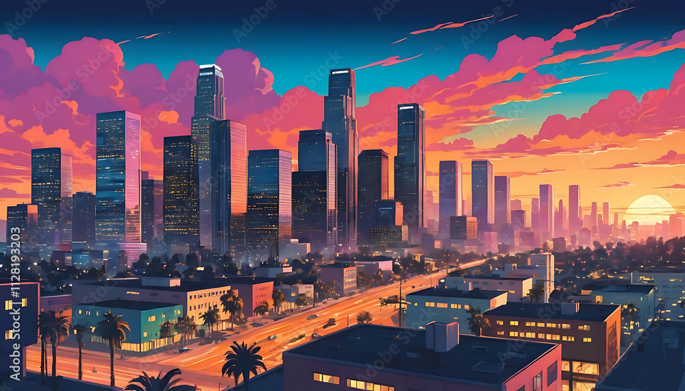 Obraz premium Los Angeles Skyline at Sunset: A Vibrant Cityscape with Warm Hues and City Lights