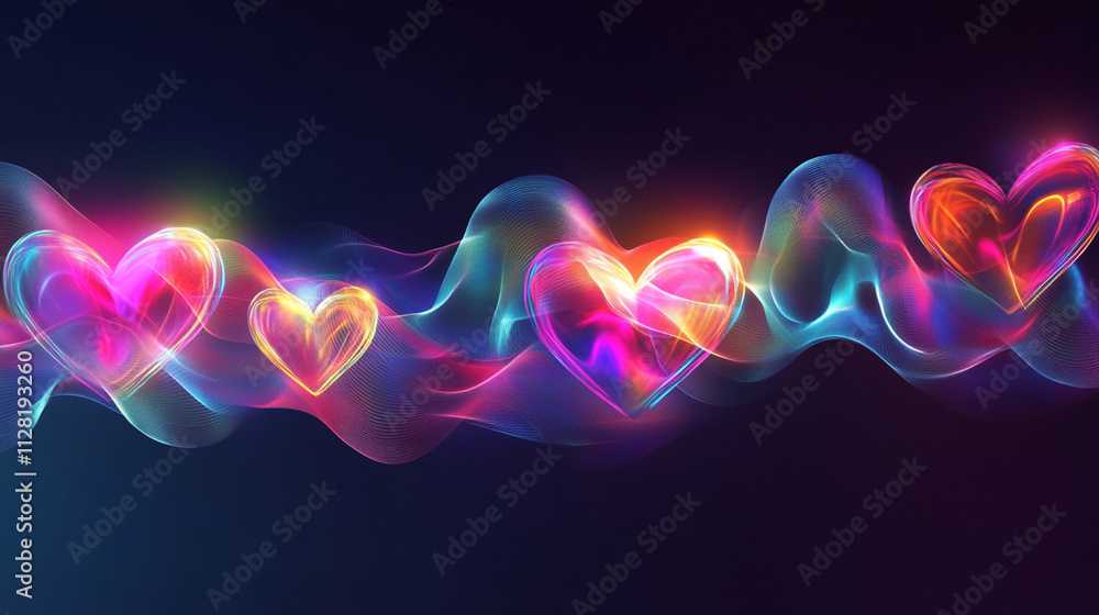 Gradient Valentine's Day banner with glowing hearts and swirling light effects. Gradient Valentine's Day banner with glowing hearts and swirling light effects.