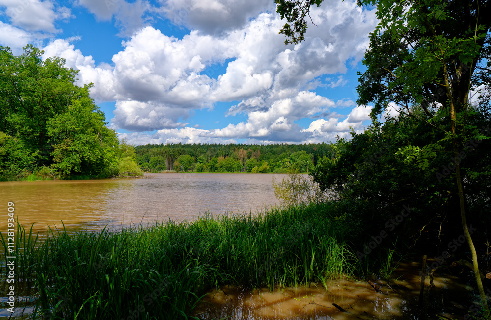 Fototapeta premium Der Reutsee bei Sulzdorf an der Lederhecke, Landkreis Rhön-Grabfeld, Unterfranken, Bayern, Deutschland