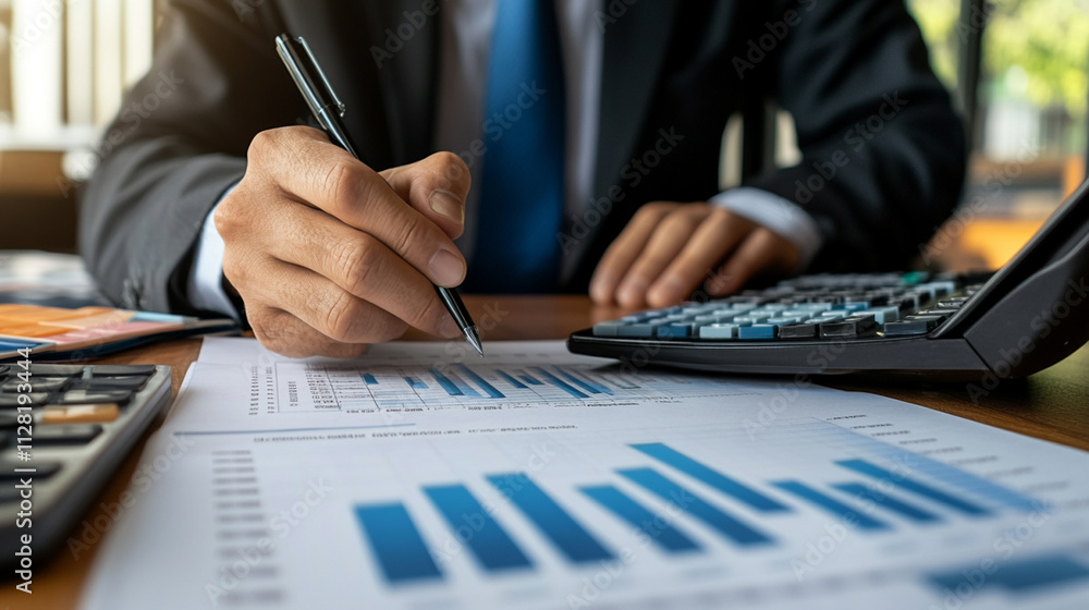 Businessman Analyzing Financial Reports with Calculators and Graphs at Office Desk in Modern Workplace Environment Businessman Analyzing Financial Reports with Calculators and Graphs at Office Desk in Modern Workplace Environment