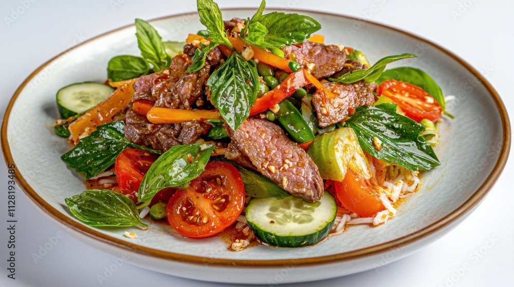 Delectable Beef and Vegetable Salad Masterfully Presented on a Plate Delectable Beef and Vegetable Salad Masterfully Presented on a Plate