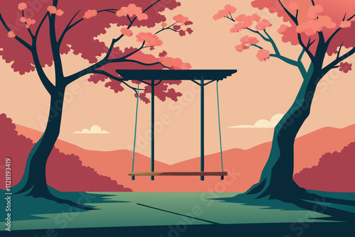 Garden swing under a blooming cherry blossom tree isolated vector illustration.