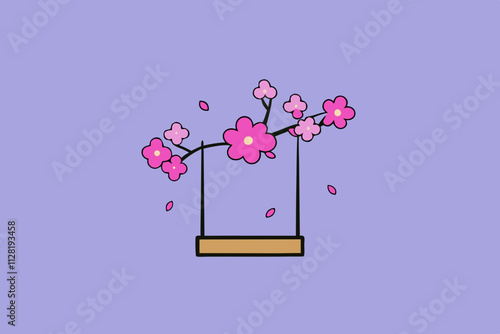 Garden swing under a blooming cherry blossom tree isolated vector illustration.