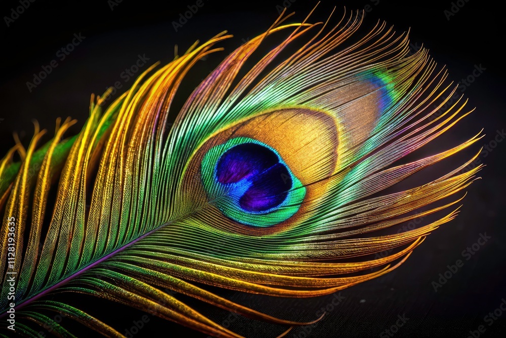Obraz premium Low Light Peacock Feather Photography - Black Background, Colorful Bird Feather, Macro Shot, Dark Background, Night Photography, Feathery Details