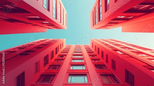 Low angle view of four red apartment buildings against a clear blue sky. photo