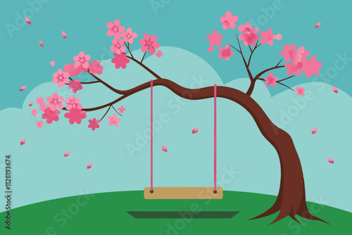 Garden swing under a blooming cherry blossom tree isolated vector illustration.