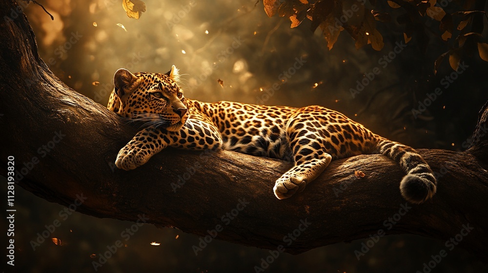 Fototapeta premium Sri Lankan leopard, Panthera pardus kotiya, a large spotted cat lying on a tree in its natural habitat.