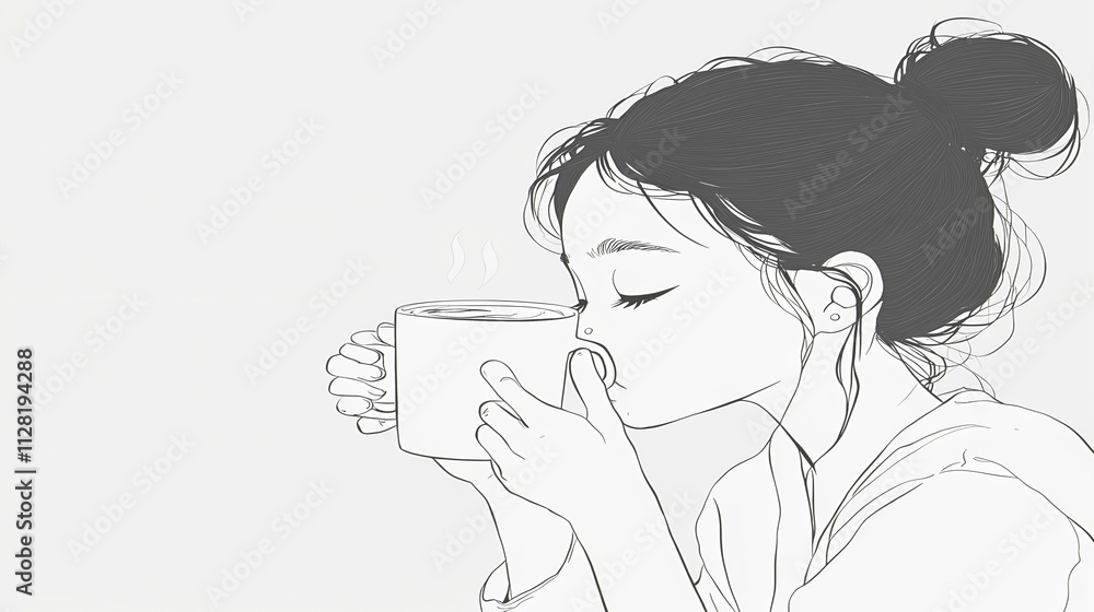 Young Asian woman savors a warm drink, embodying tranquility and comfort. Young Asian woman savors a warm drink, embodying tranquility and comfort.