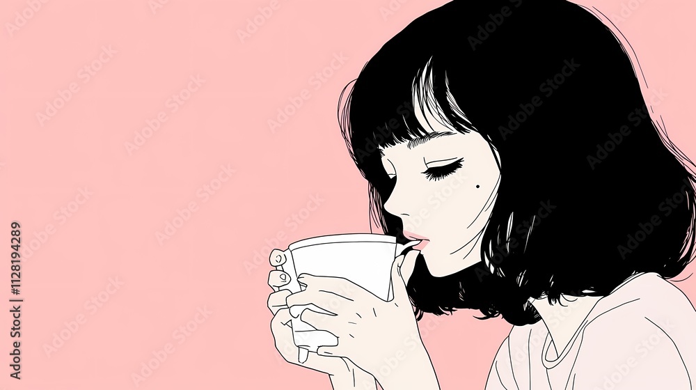 Young Asian woman enjoying a drink against a soft pink background. Young Asian woman enjoying a drink against a soft pink background.