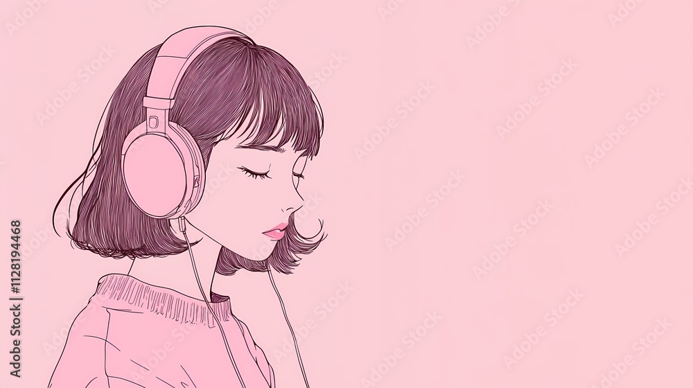 Young Asian girl in pink headphones, lost in music on a pastel pink background. Young Asian girl in pink headphones, lost in music on a pastel pink background.