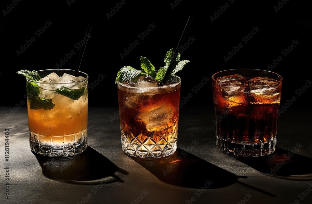 Three iced cocktails in cut-glass rocks glasses, garnished with mint, on dark background. Three iced cocktails in cut-glass rocks glasses, garnished with mint, on dark background.