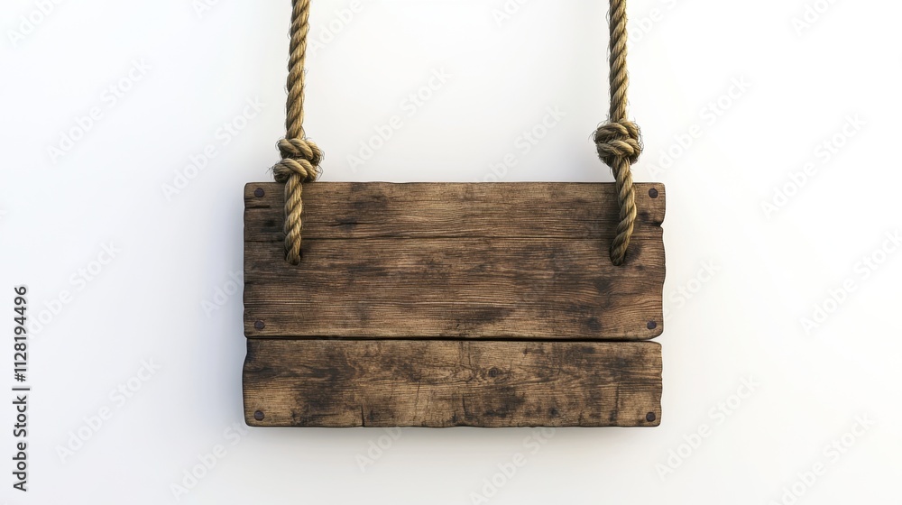 Wooden sign hanging on rope isolated against white background Wooden sign hanging on rope isolated against white background