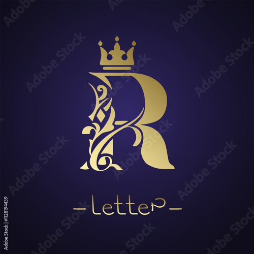 Letter R with crown and intricate floral elements. Artistic creativity logo design. Graceful gold royal style against a deep dark background. Perfect for branding, business card. Vector illustration