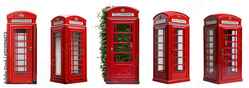 Set of classic red telephone booths PNG