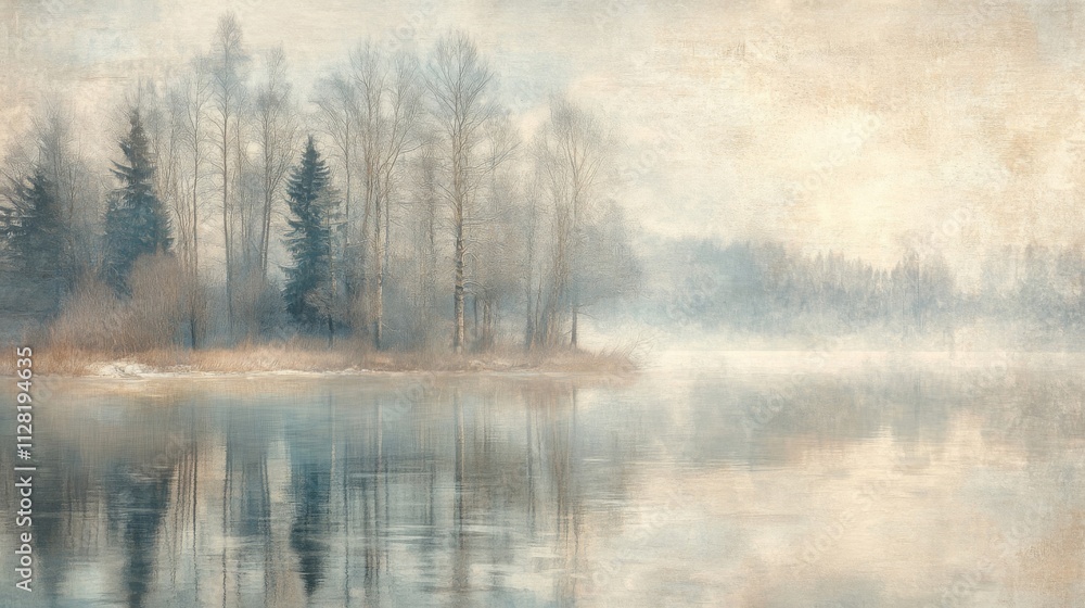 Winter Trees Reflected in Calm Water Scene Winter Trees Reflected in Calm Water Scene