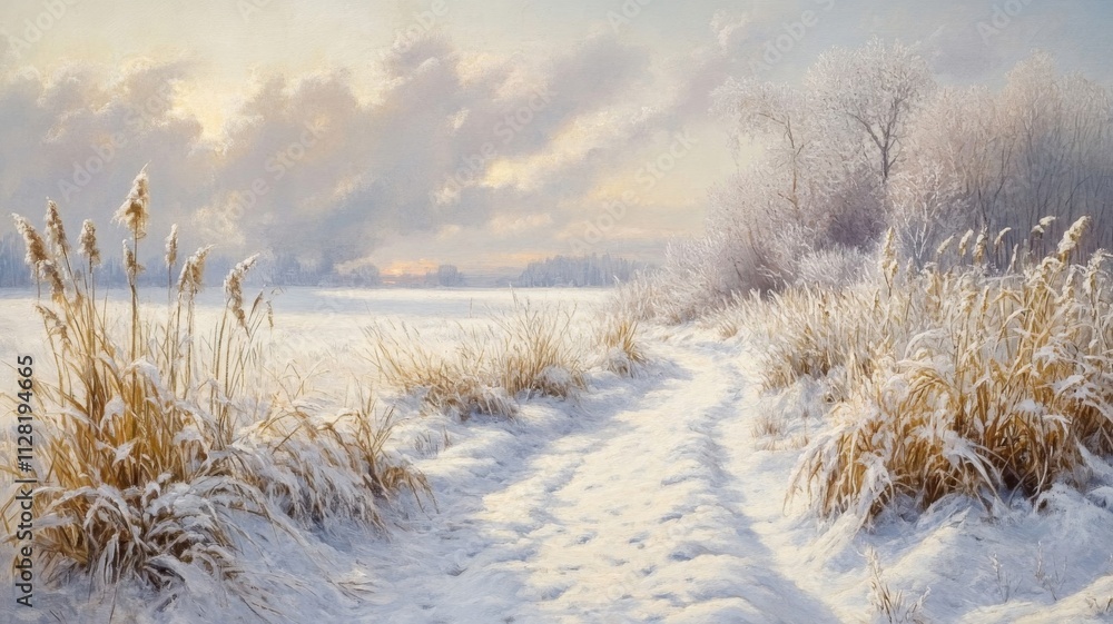 Snowy Path Through Winter Landscape With Frost Covered Reeds Snowy Path Through Winter Landscape With Frost Covered Reeds