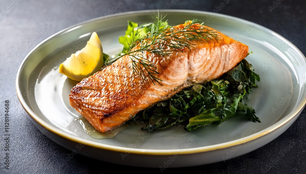 Golden-baked salmon fillet with lemon glaze, served on a bed of greens and sprinkled with herbs Golden-baked salmon fillet with lemon glaze, served on a bed of greens and sprinkled with herbs