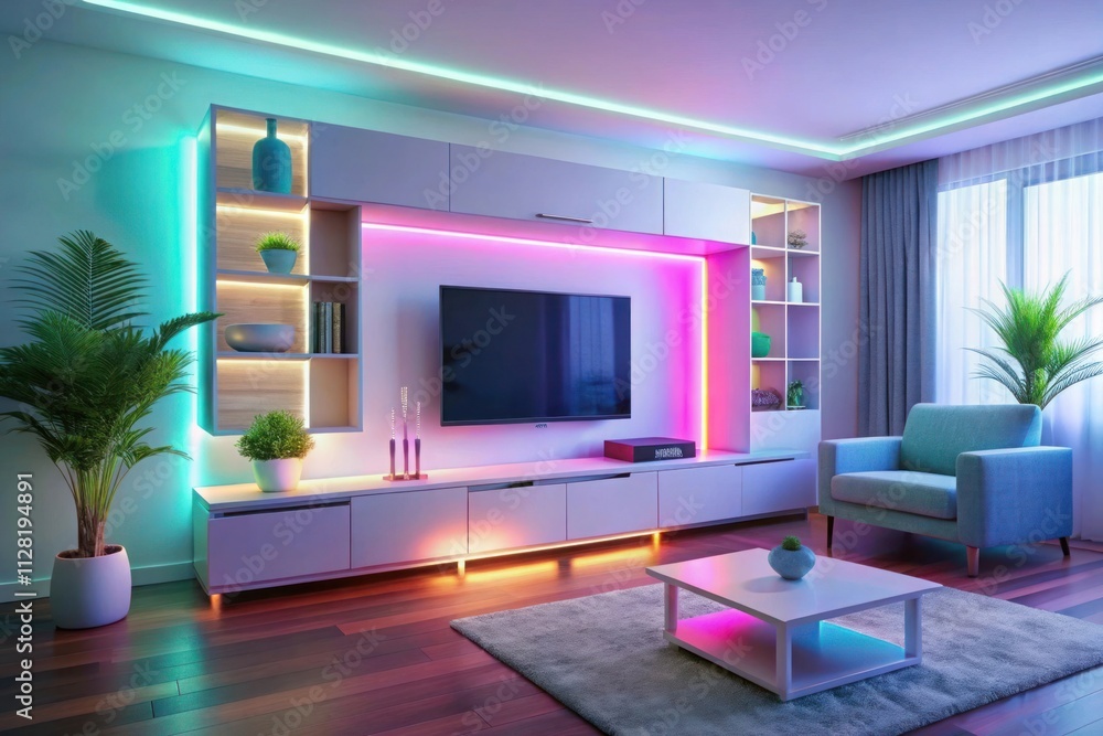 A sleek, modern living room bathed in vibrant pink and blue neon lighting, featuring minimalist furniture and a large flat-screen TV A sleek, modern living room bathed in vibrant pink and blue neon lighting, featuring minimalist furniture and a large flat-screen TV