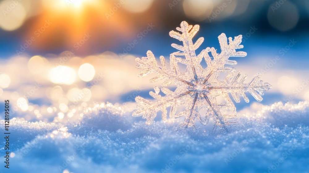 Sparkling Snowflake Rests In Winter Snow During Sunset Sparkling Snowflake Rests In Winter Snow During Sunset