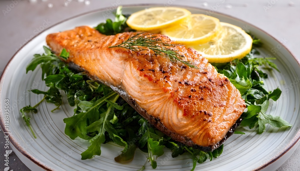 Golden-baked salmon fillet with lemon glaze, served on a bed of greens and sprinkled with herbs Golden-baked salmon fillet with lemon glaze, served on a bed of greens and sprinkled with herbs